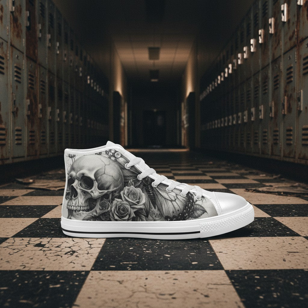 Men's Dark Skull Rose Grey Gothic high-top canvas shoes — one-of-a-kind custom printed art, Freaky Shoes