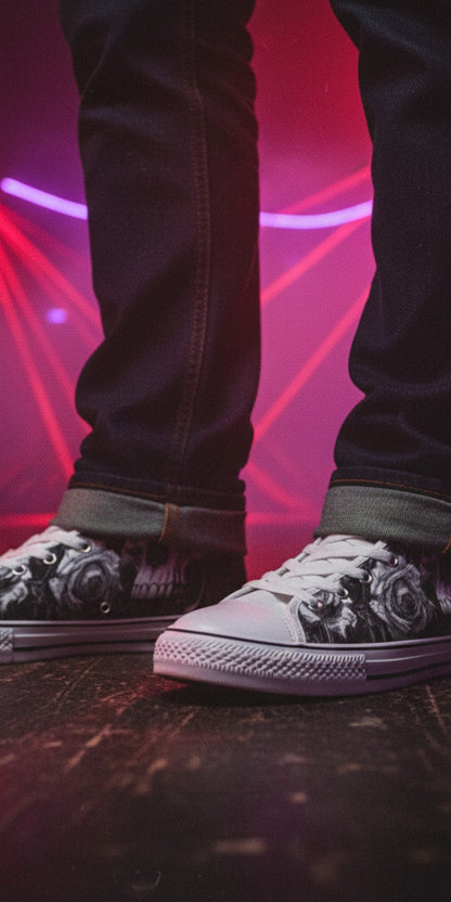 Freaky Shoes® men's gothic high top canvas sneakers with black and white skull and rose art on a stage with red lights