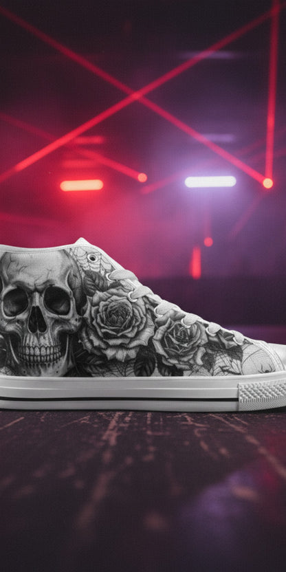 Women's Grey Dark Art Skull Goth hand-made high-top canvas shoes — unique wearable art by Freaky Shoes