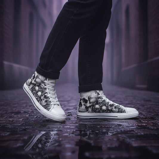 Freaky Shoes® high-top canvas sneakers featuring a detailed black and white skull rose gothic art print on a wet street