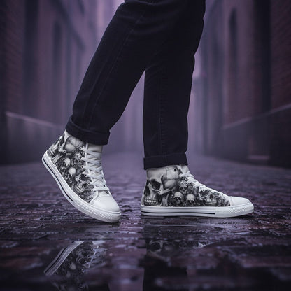 Freaky Shoes® high-top canvas sneakers featuring a detailed black and white skull rose gothic art print on a wet street