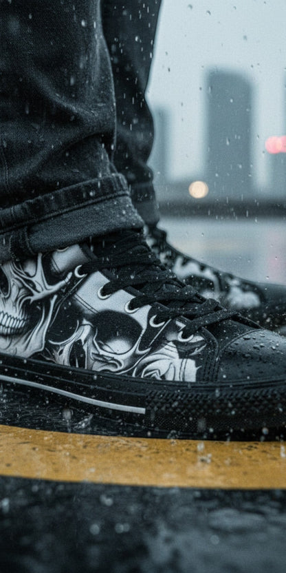 Men's Dark Cartoon Skull & Rose Art high-top canvas shoes, custom full-wrap printed design — Freaky Shoes