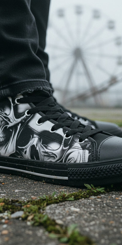 Dark Cartoon Skull & Rose Art | Men's High Top Canvas | Freaky Shoes®