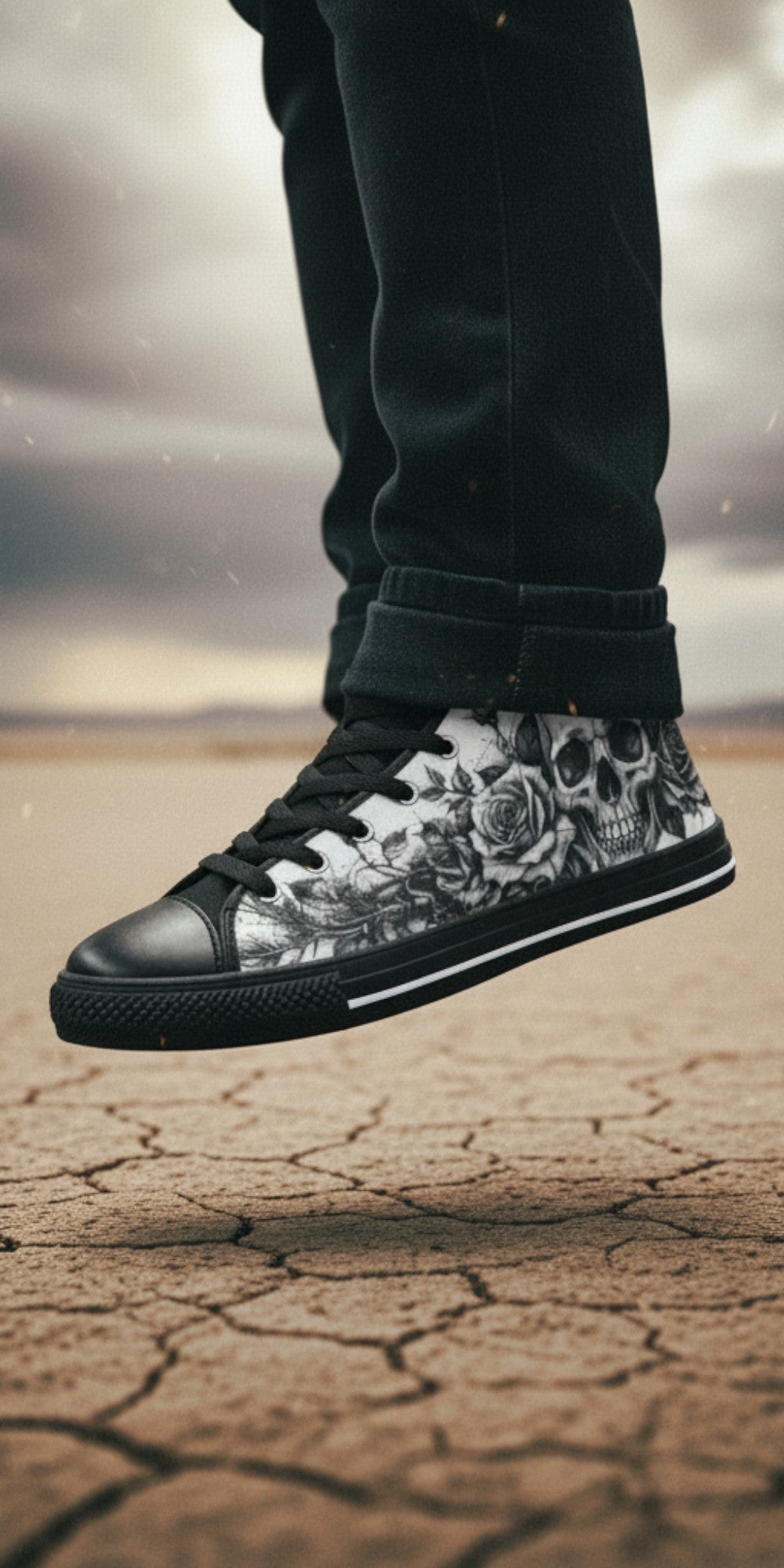 Freaky Shoes® men's gothic high top canvas sneakers featuring a black and white skull and rose art print.