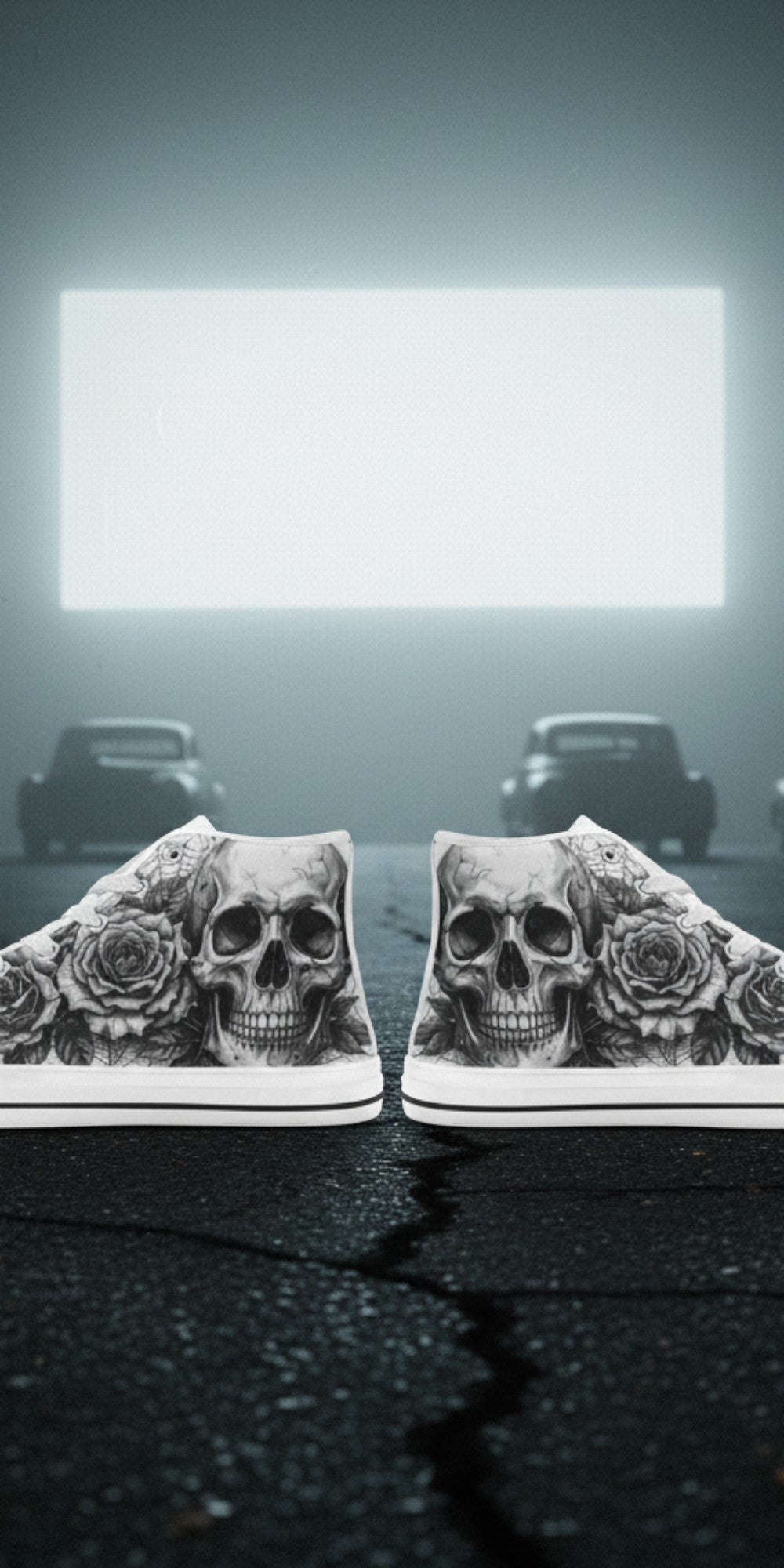 Women's Dark Skull Crown Gothic Dark Art high-top canvas shoes — one-of-a-kind custom printed art, Freaky Shoes