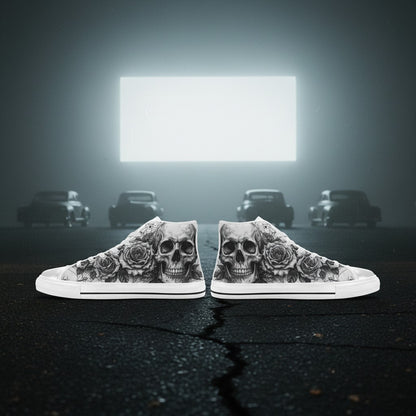Women's Dark Skull Crown Gothic Dark Art high-top canvas shoes — one-of-a-kind custom printed art, Freaky Shoes