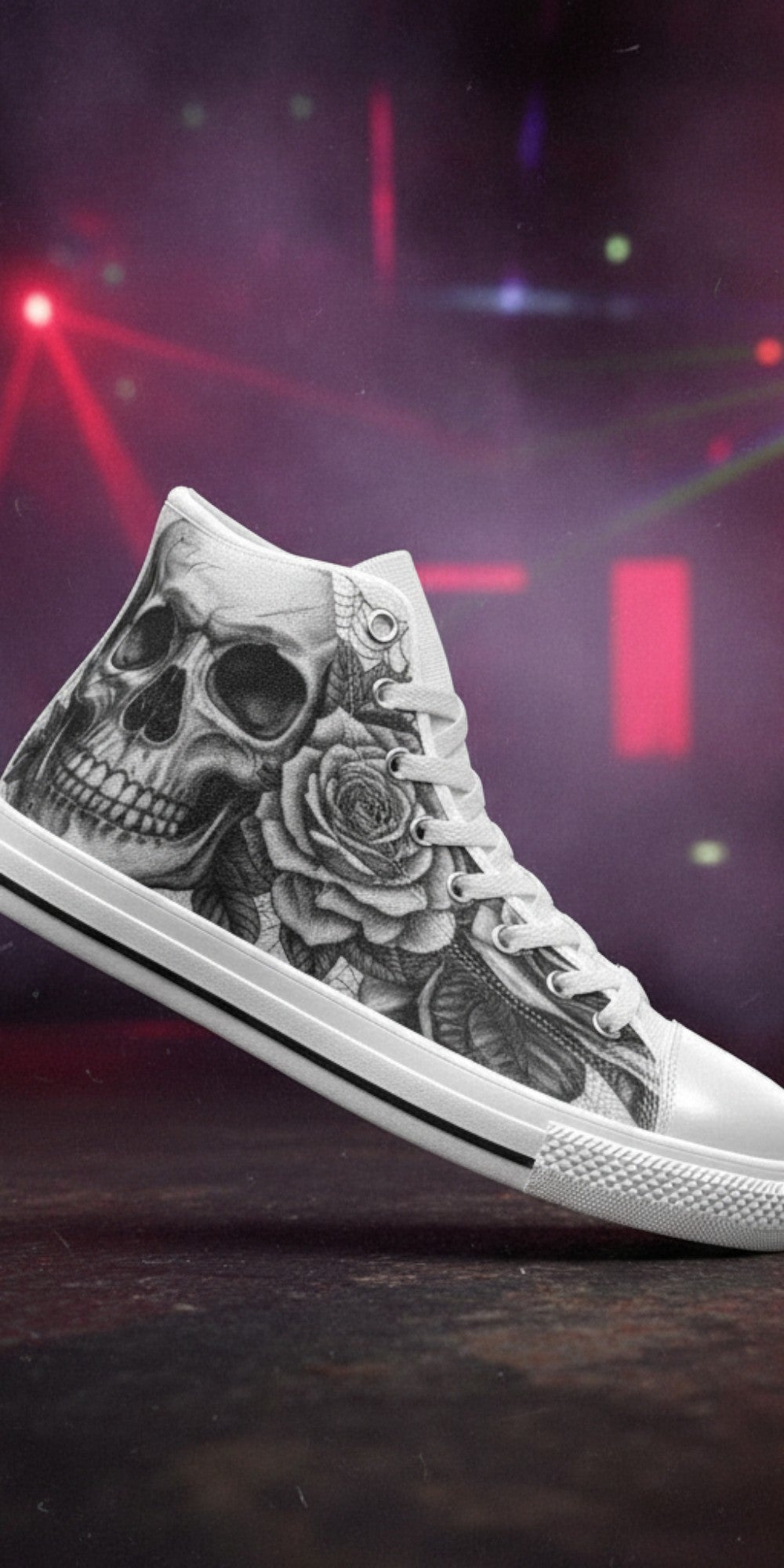 Custom Women's Grey Dark Art Skull Goth high-top canvas shoes with bold all-over art — Freaky Shoes