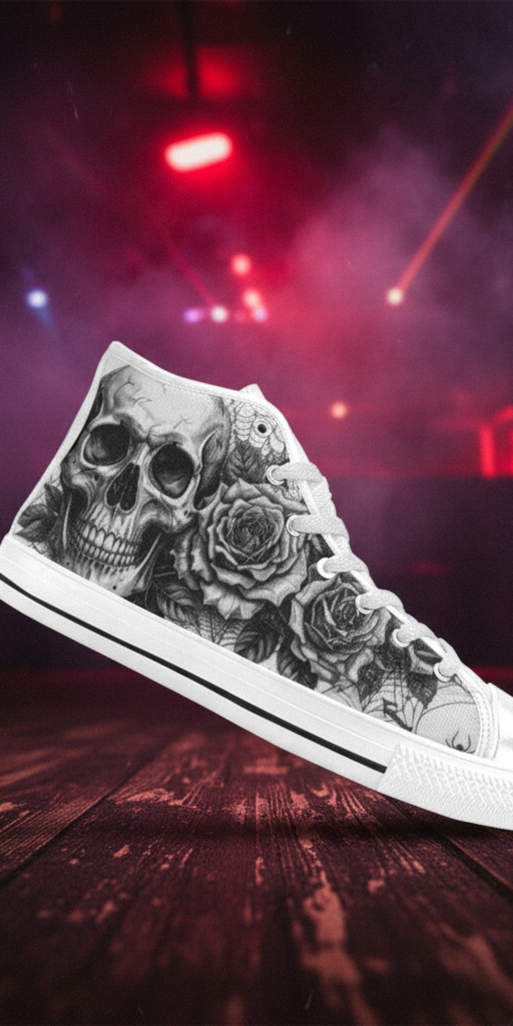 Women's Grey Dark Art Skull Goth custom high-top canvas shoes — wearable art by Freaky Shoes