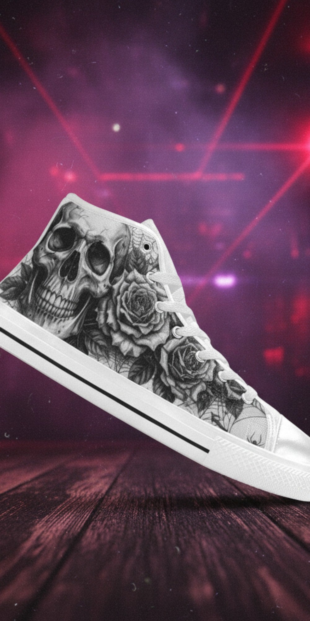 Women's Grey Dark Art Skull Goth hand-made high-top canvas shoes — unique wearable art by Freaky Shoes