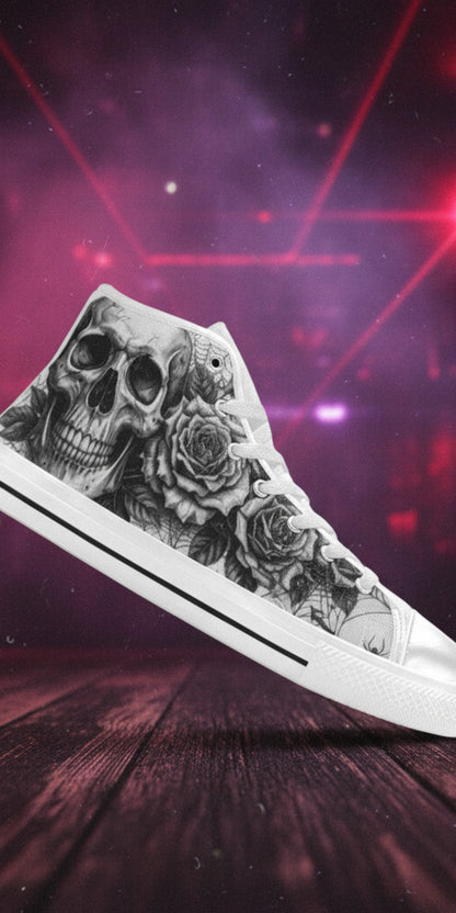 Women's Grey Dark Art Skull Goth hand-made high-top canvas shoes — unique wearable art by Freaky Shoes