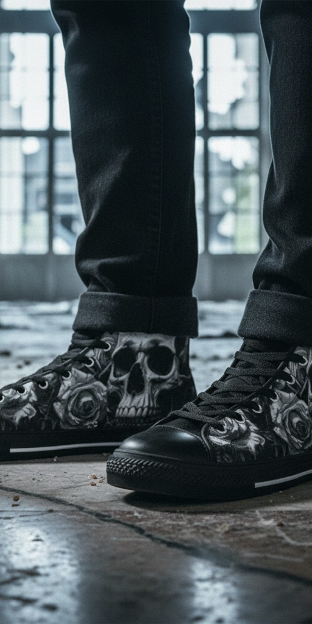 Freaky Shoes® grey skull and rose print high top canvas sneakers worn with black jeans in a dark gothic setting.