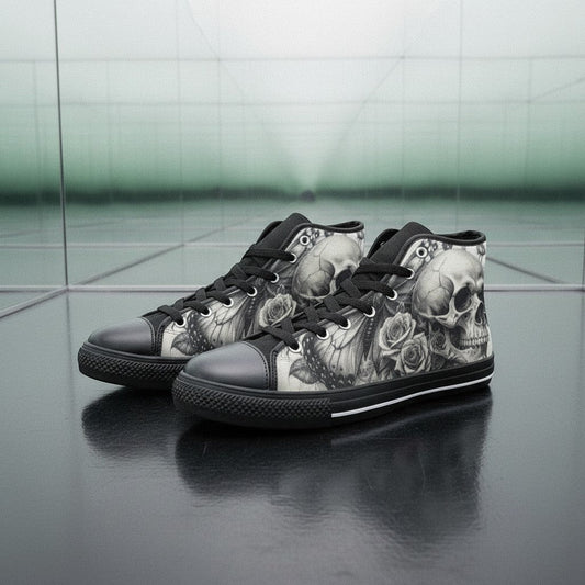 Women's Grey Skull Roses Dark Gothic Art custom high-top canvas shoes — wearable art by Freaky Shoes