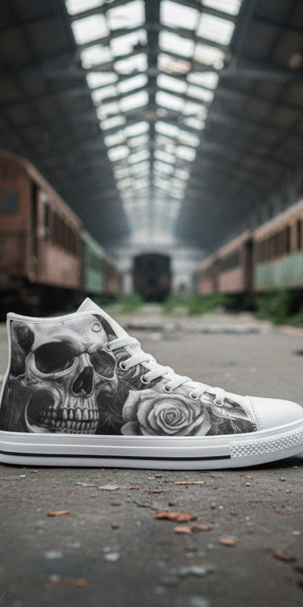 Men's Greyscale Skull Art Dark Gothic hand-made high-top canvas shoes — unique wearable art by Freaky Shoes