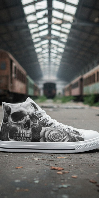 Men's Greyscale Skull Art Dark Gothic hand-made high-top canvas shoes — unique wearable art by Freaky Shoes