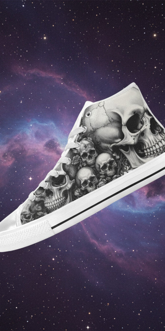 Freaky Shoes® women's high top canvas sneakers featuring a detailed black and white gothic skull and rose art print.