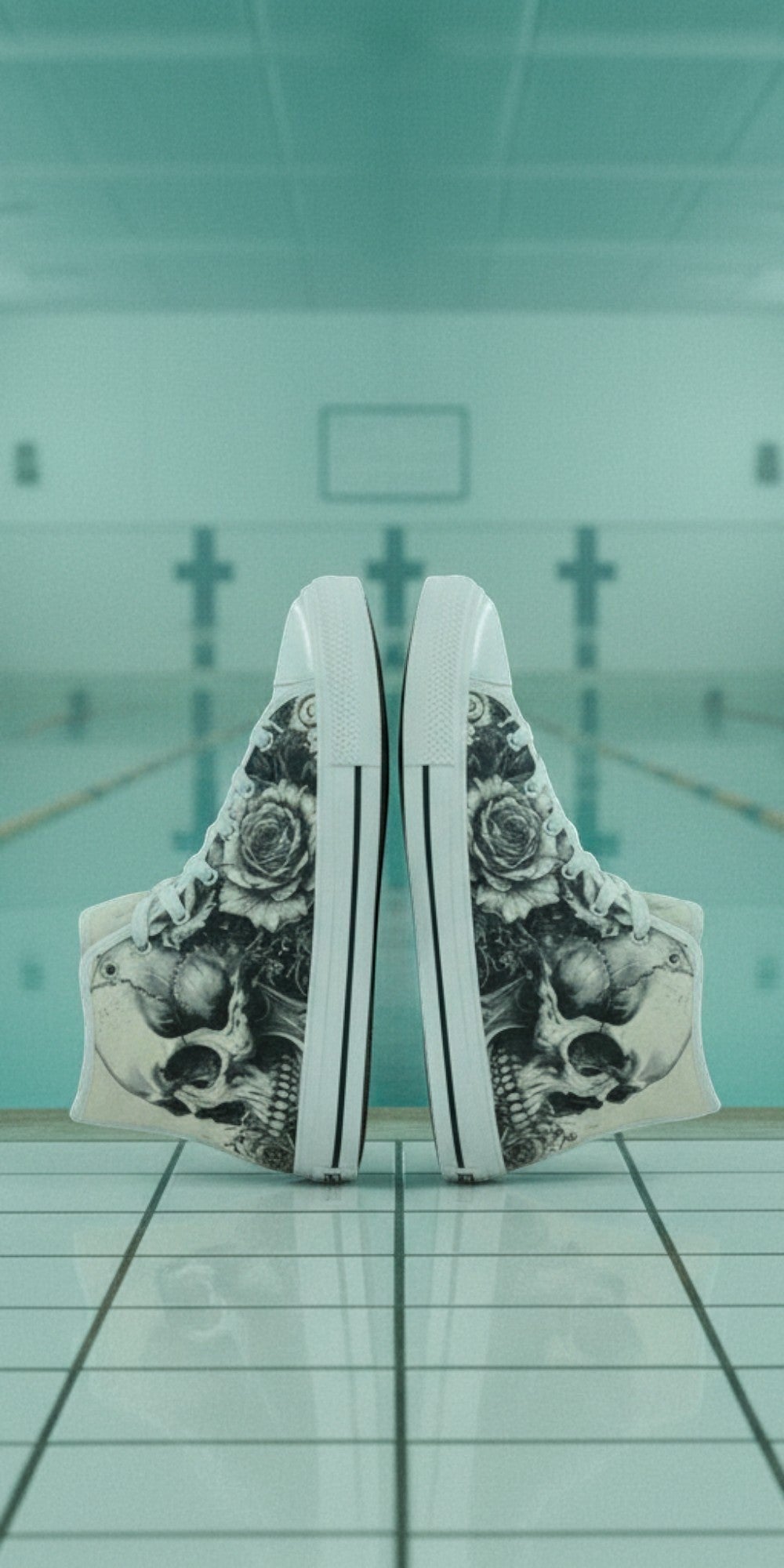 Men's Black White Skull Gothic Art high-top canvas shoes — one-of-a-kind custom printed art, Freaky Shoes