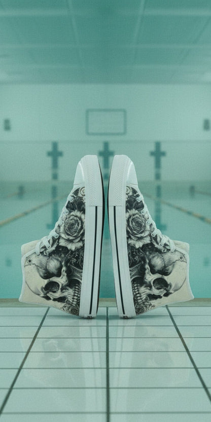 Men's Black White Skull Gothic Art high-top canvas shoes — one-of-a-kind custom printed art, Freaky Shoes