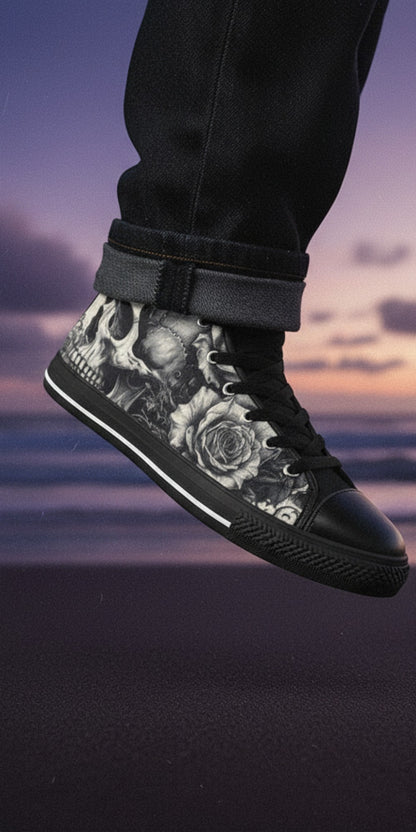 Freaky Shoes® men's high top canvas sneakers featuring a black and white skull and rose dark art print on a beach.