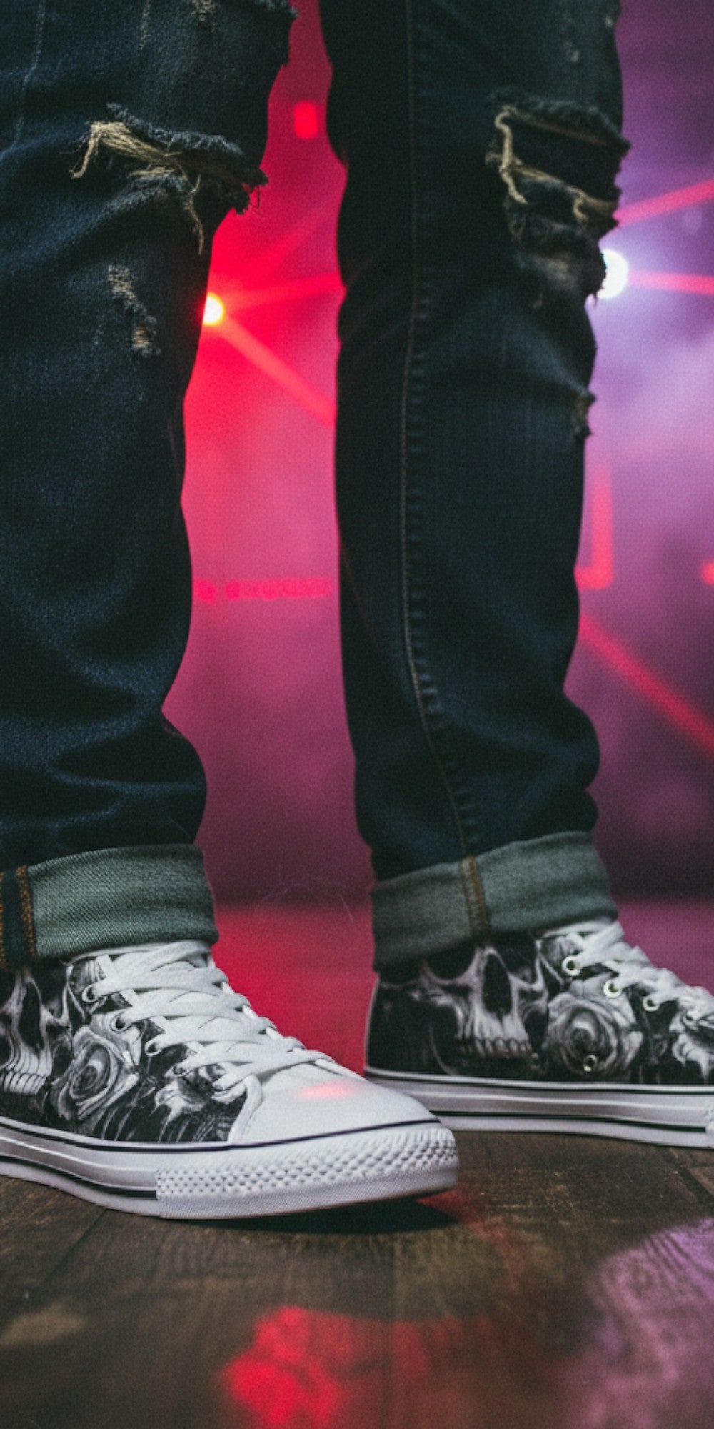 Freaky Shoes® men's high top canvas sneakers featuring a black and white gothic skull and rose dark art print.