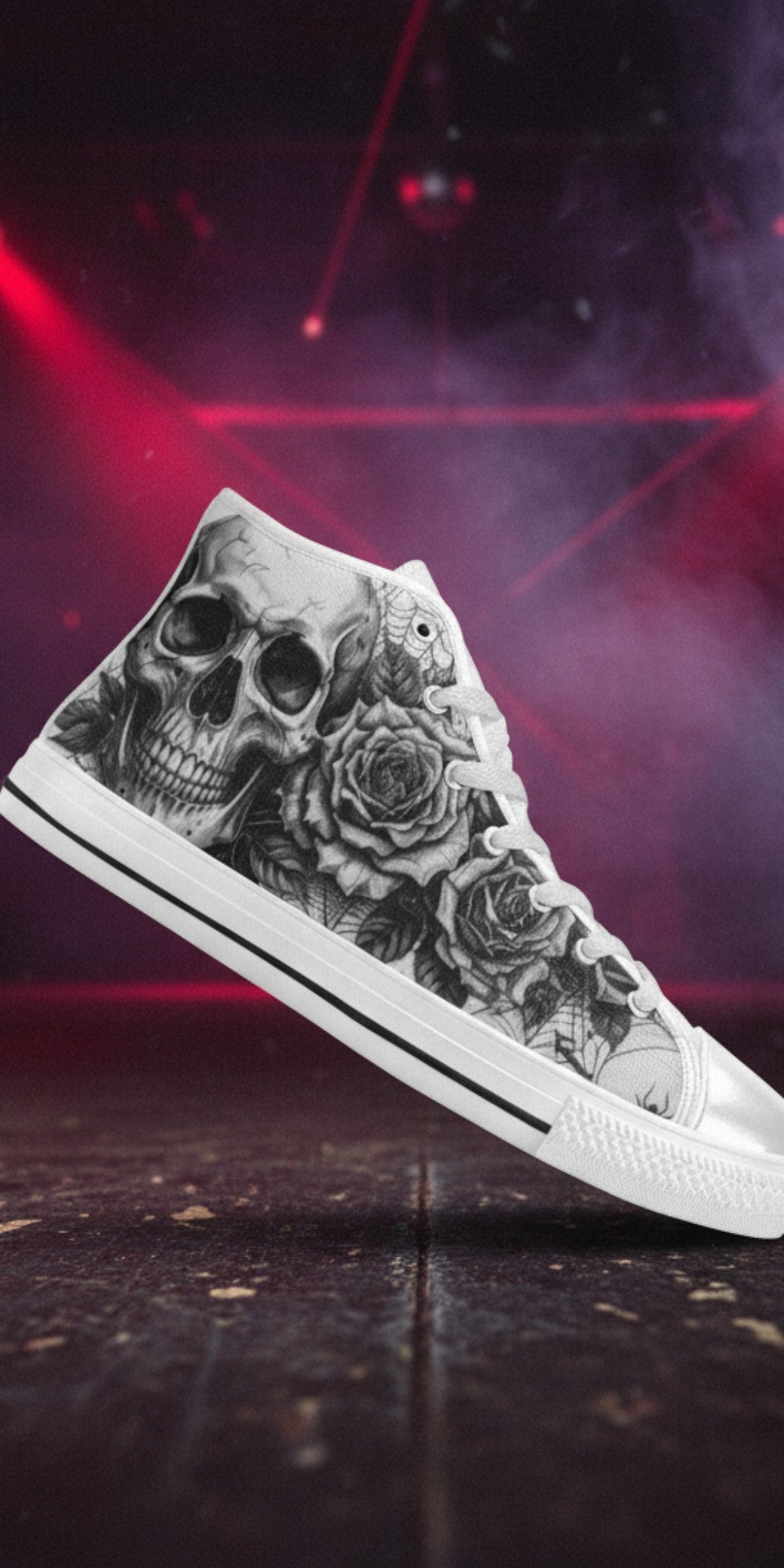Women's Grey Dark Art Skull Goth custom high-top canvas shoes — wearable art by Freaky Shoes