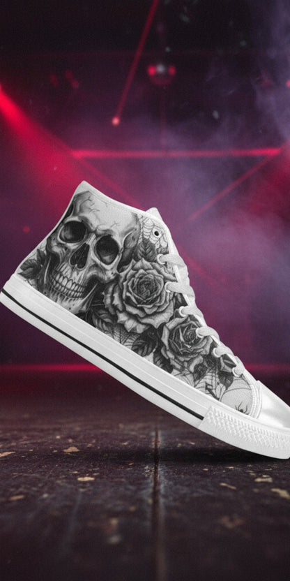 Women's Grey Dark Art Skull Goth custom high-top canvas shoes — wearable art by Freaky Shoes