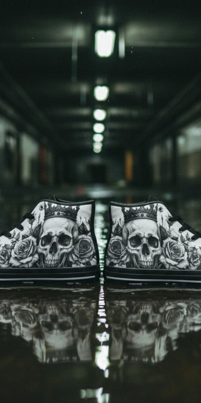 Custom Women's Dark Monochrome Skull Gothic Art high-top canvas shoes with bold all-over art — Freaky Shoes