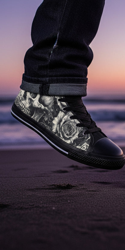 Freaky Shoes® men's high top canvas sneakers featuring a black and white skull and rose dark art print on a beach.