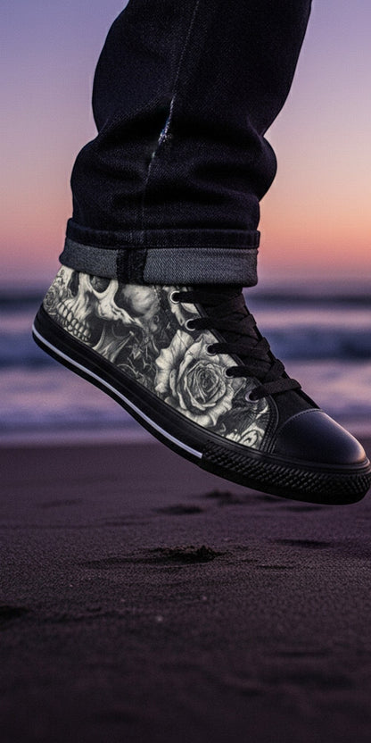 Women's Skull Rose Dark Art hand-made high-top canvas shoes — unique wearable art by Freaky Shoes