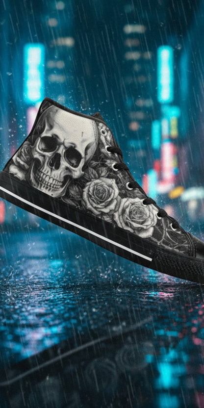 Women's Dark Skull Goth Art high-top canvas shoes — one-of-a-kind custom printed art, Freaky Shoes