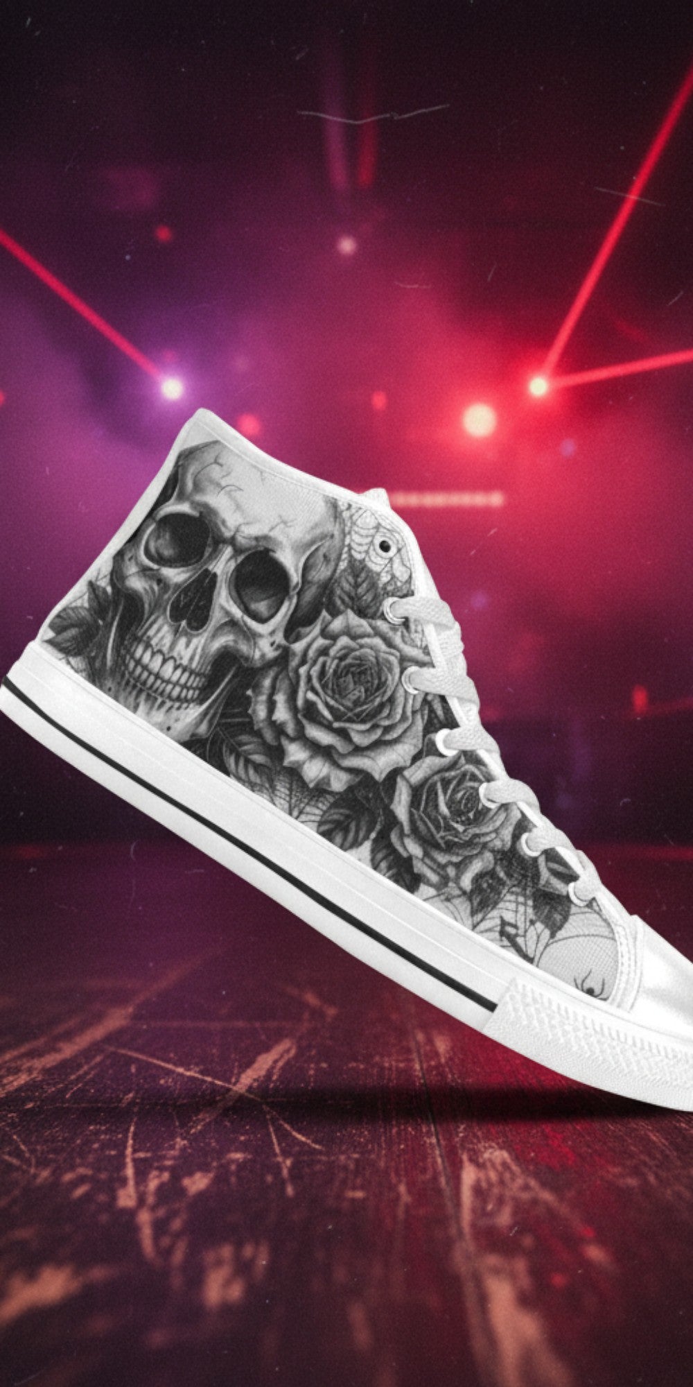 Women's Grey Dark Art Skull Goth high-top canvas shoes, custom full-wrap printed design — Freaky Shoes