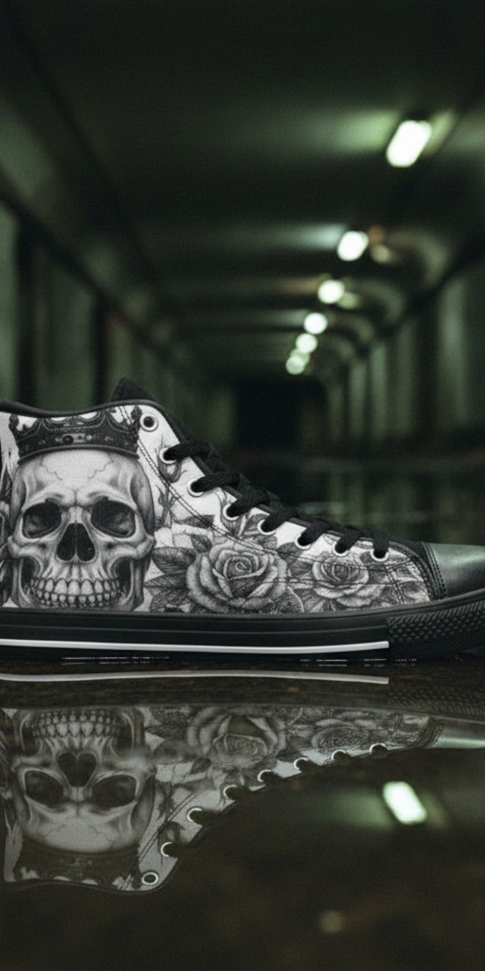 Custom Women's Dark Monochrome Skull Gothic Art high-top canvas shoes with bold all-over art — Freaky Shoes