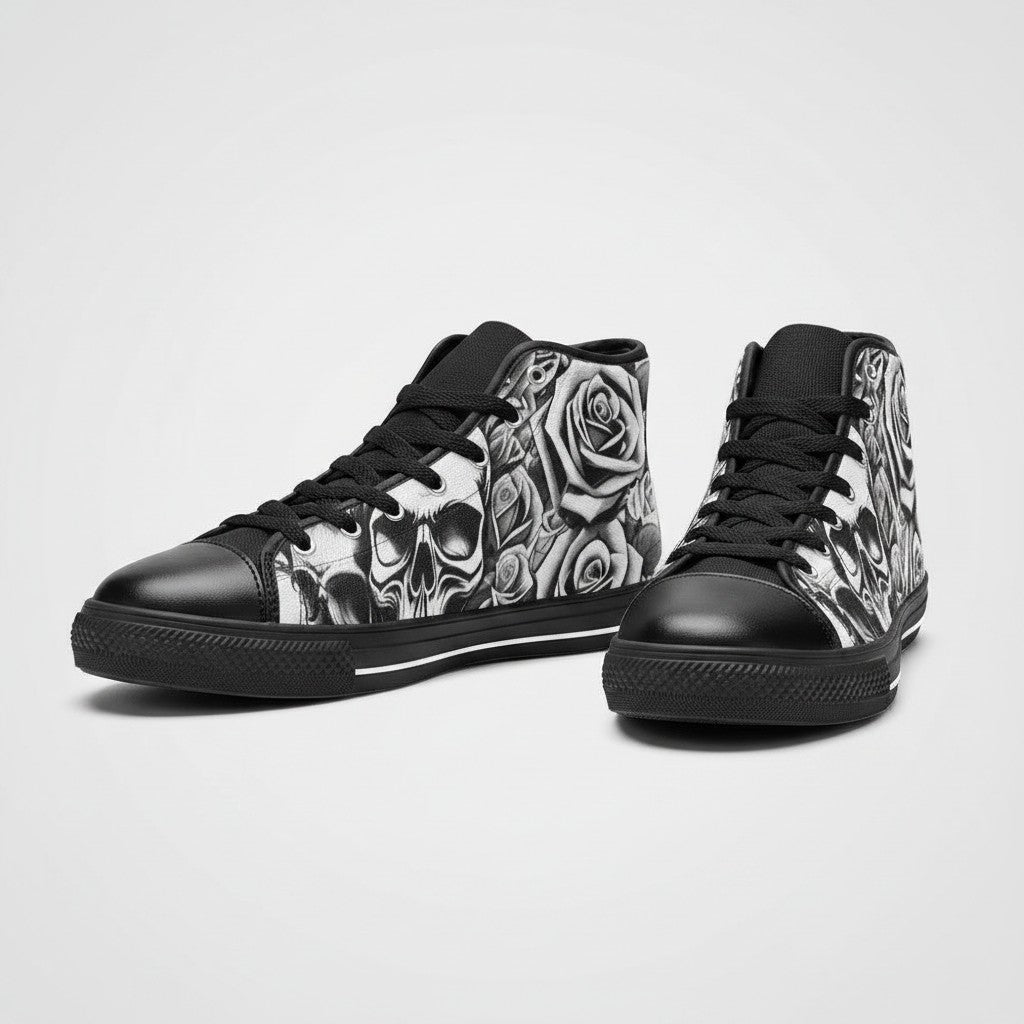 Freaky Shoes® women's black and white high-top canvas sneakers featuring a detailed skull and rose graphic print.