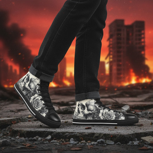 Freaky Shoes® high-top canvas sneakers featuring a black and white skull and rose dark art print on a post-apocalyptic background.
