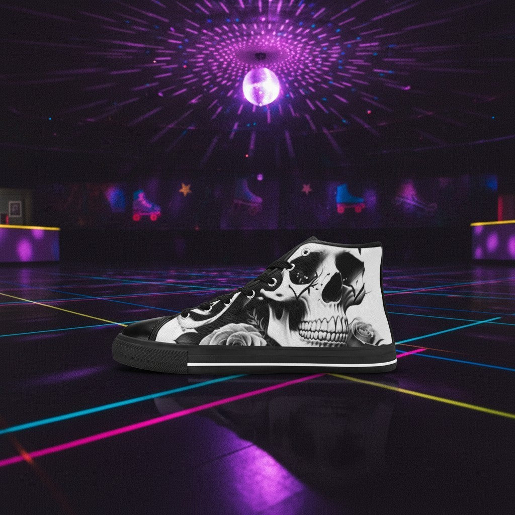 Freaky Shoes® women's black and white high-top canvas shoes featuring a detailed skull and rose print in a roller rink.
