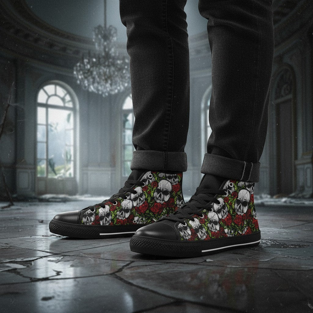 Freaky Shoes® men's high-top canvas sneakers featuring a detailed skull and red rose print, worn with black jeans.