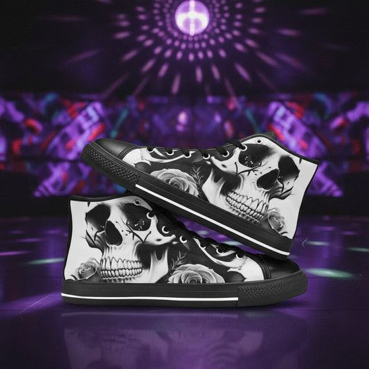 Freaky Shoes® women's black and white high-top canvas shoes featuring a detailed skull and rose graphic print.