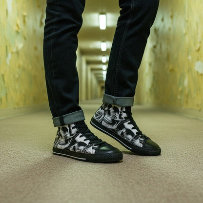 Freaky Shoes® women's high-top canvas sneakers featuring a black and white cartoon skull and rose print