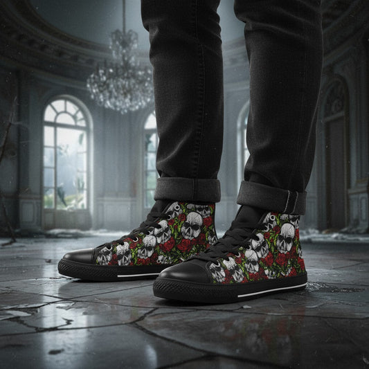 Freaky Shoes® men's high-top canvas sneakers featuring a detailed skull and red rose print, worn with black jeans.