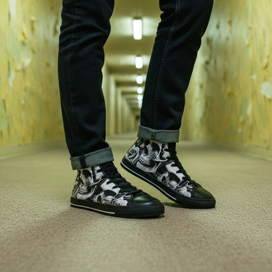 Freaky Shoes® women's high-top canvas sneakers featuring a black and white cartoon skull and rose print