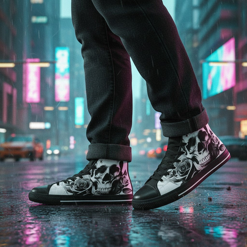 Freaky Shoes® high-top canvas sneakers featuring a black and white cartoon skull and rose print on a city street.