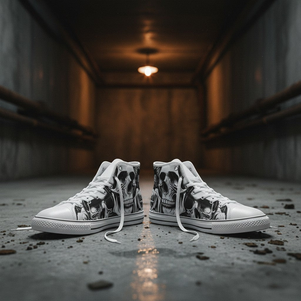 Freaky Shoes® high-top canvas sneakers featuring a black and white cartoon skull and rose print in a dark hallway.