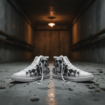 Freaky Shoes® high-top canvas sneakers featuring a black and white cartoon skull and rose print in a dark hallway.