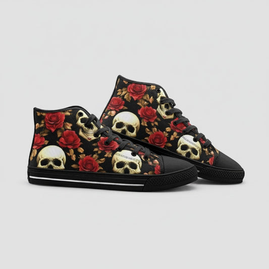 Freaky Shoes® high-top canvas sneakers featuring a black background with a detailed skull and red rose floral print.
