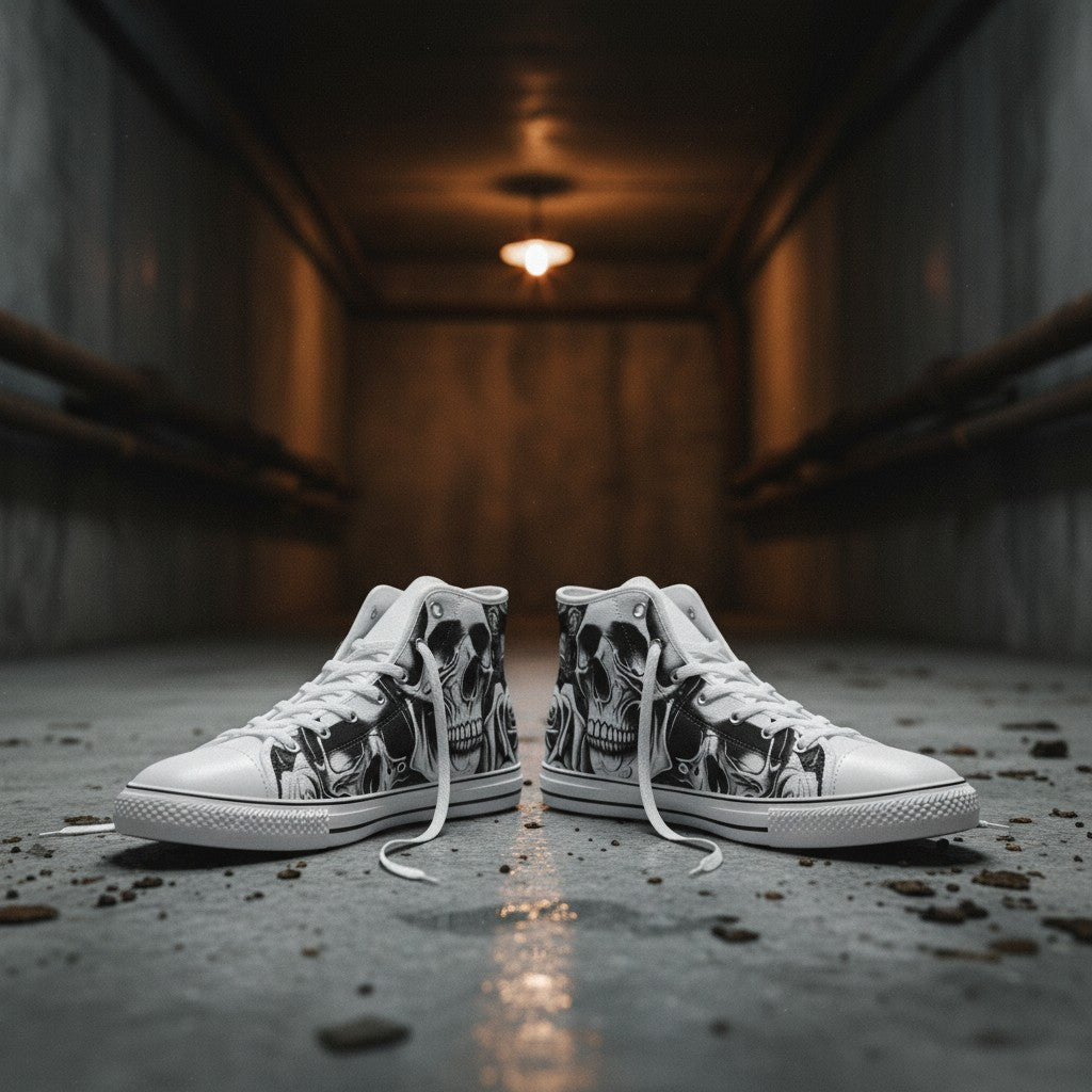 Freaky Shoes® high-top canvas sneakers featuring a black and white cartoon skull and rose print in a dark hallway.