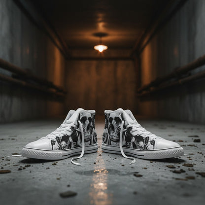 Freaky Shoes® high-top canvas sneakers featuring a black and white cartoon skull and rose print in a dark hallway.