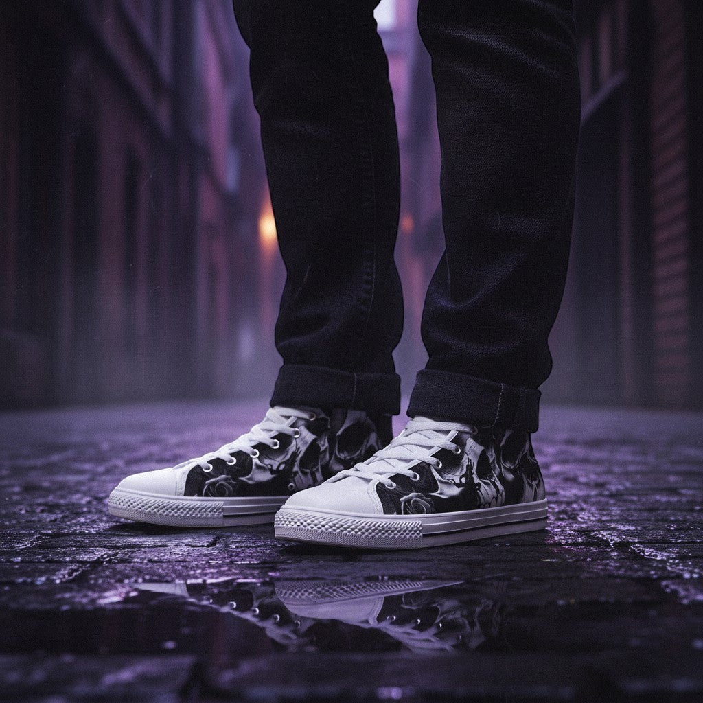 Freaky Shoes® high-top canvas sneakers featuring a black and white greyscale skull and rose print on a city street.
