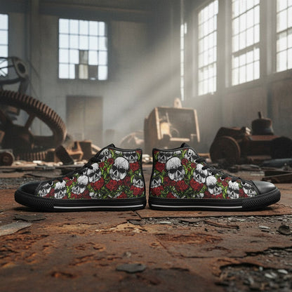 Freaky Shoes® high-top canvas sneakers featuring a black, white, and red skull and rose print in an industrial setting.