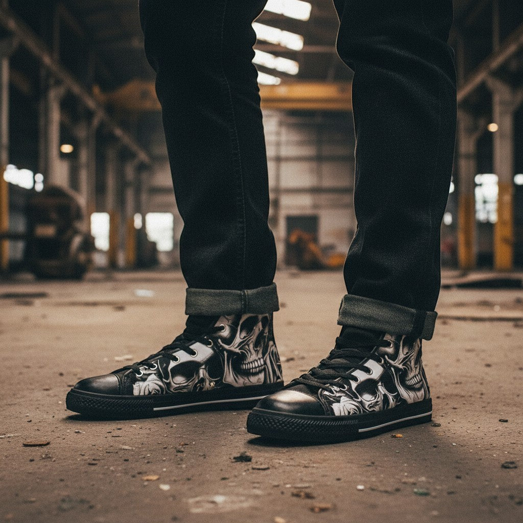 Freaky Shoes® men's high-top canvas shoes featuring a black and white cartoon skull and rose print in an industrial setting