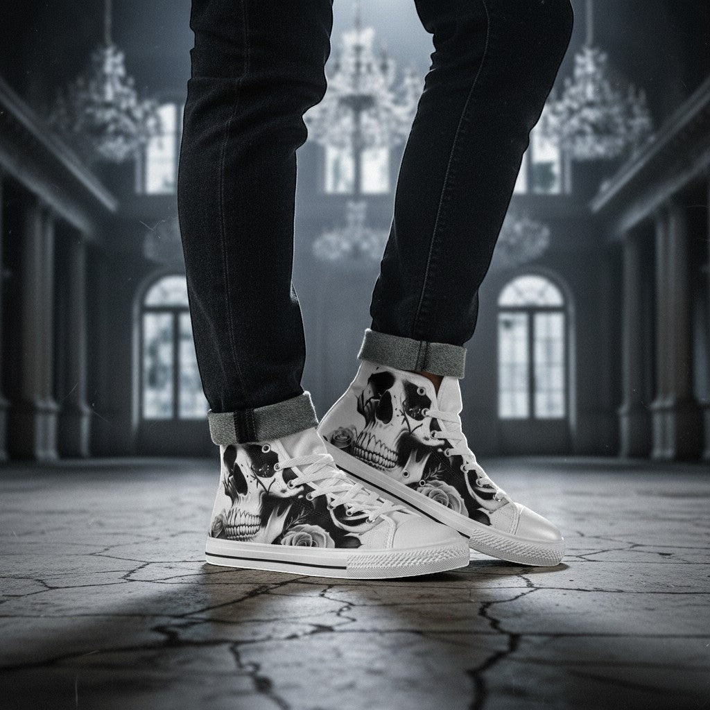 Freaky Shoes® men's high-top canvas sneakers featuring a black and white skull and rose print on a dark background.