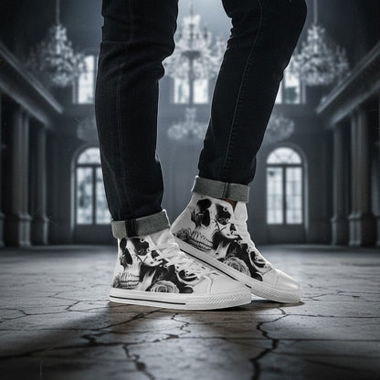 Freaky Shoes® men's high-top canvas sneakers featuring a black and white skull and rose print on a dark background.